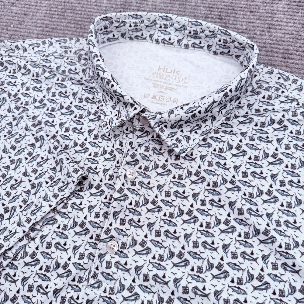 Huk Performance Polo Shirt Men's Size 3XL Coastal Fishing All Over Print Marine